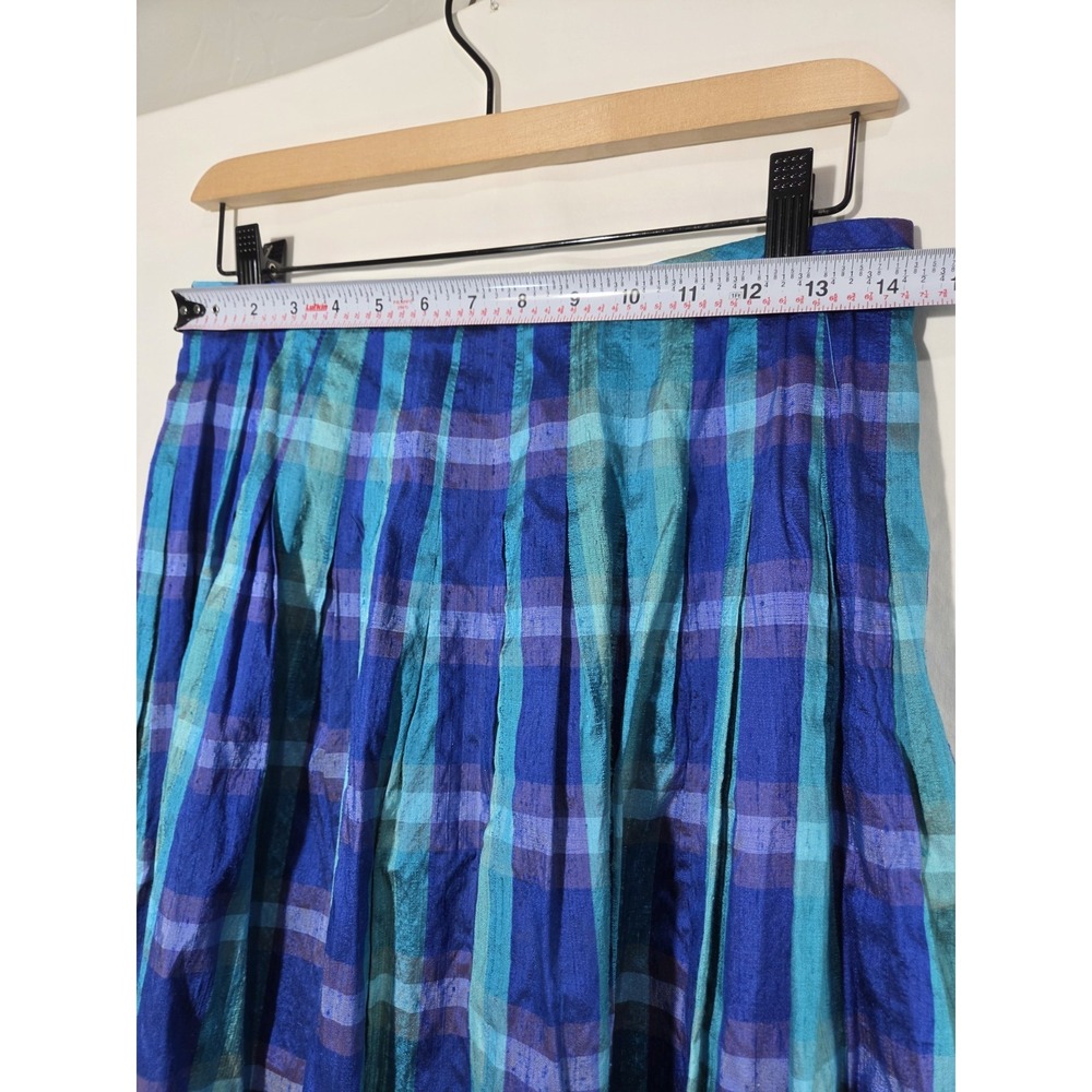 Maggy‎ London Silk Plaid Midi Skirt Womens 8 Blue Teal Pleated Vintage Excellent - Picture 7 of 9